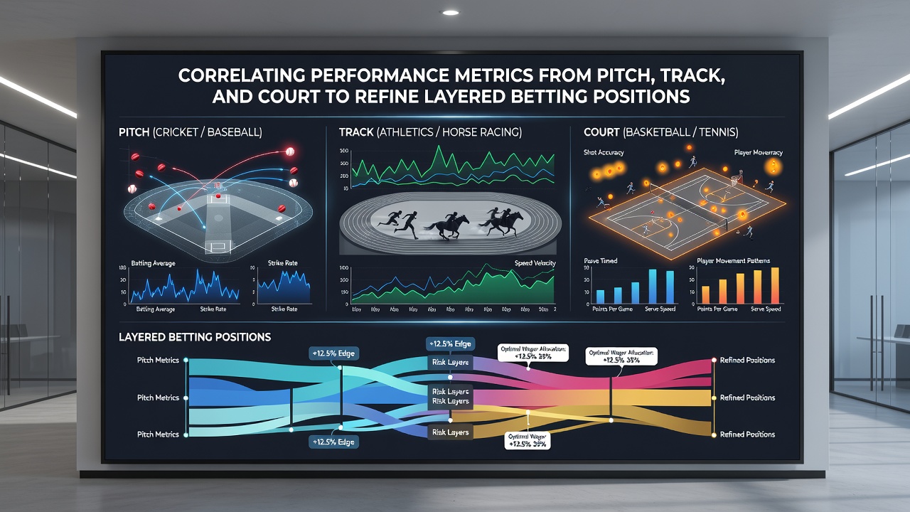 Data visualization dashboards displaying layered betting correlations between soccer, horse racing, and tennis performance indicators