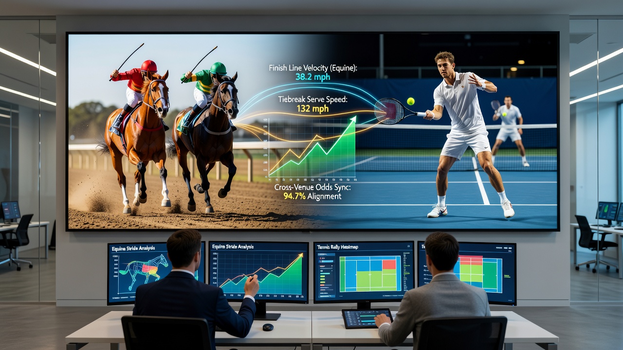 Split-screen view of live data feeds merging horse racing timing with tennis match statistics