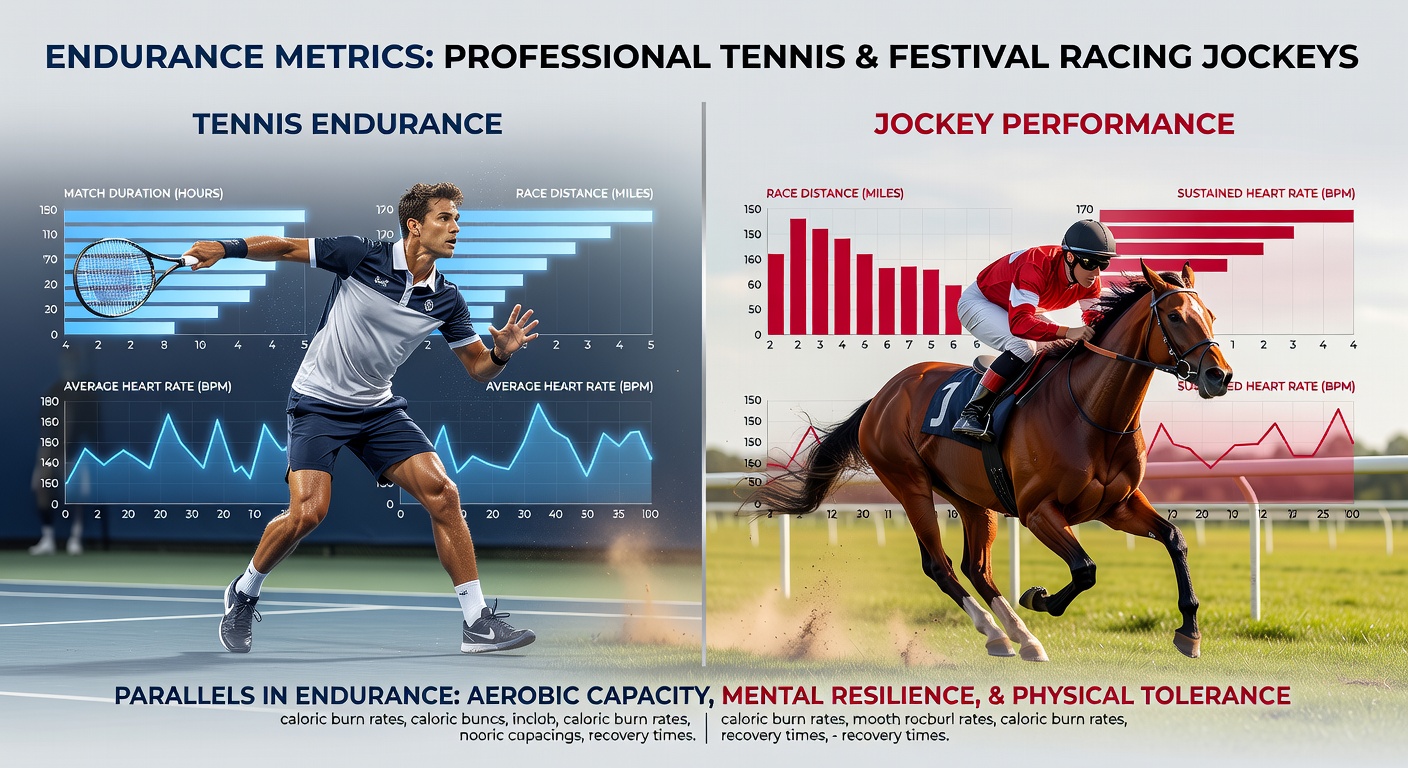 Side-by-side comparison charts of tennis player heart rate recovery and jockey fatigue curves during festival racing days