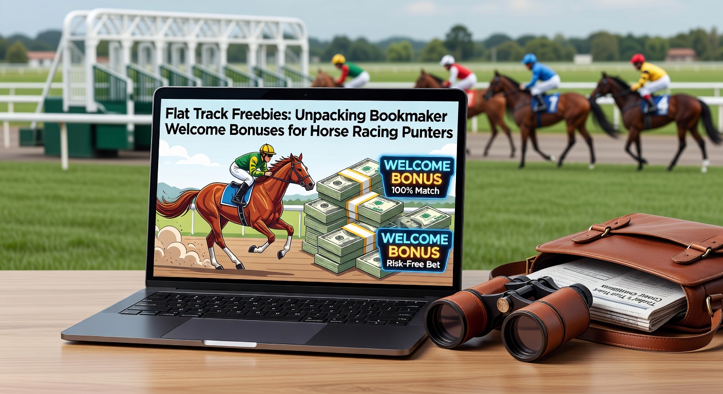 Vibrant scene of flat racehorses thundering down a straight track under clear skies, with punters in the stands cheering amid bookmaker banners fluttering in the wind