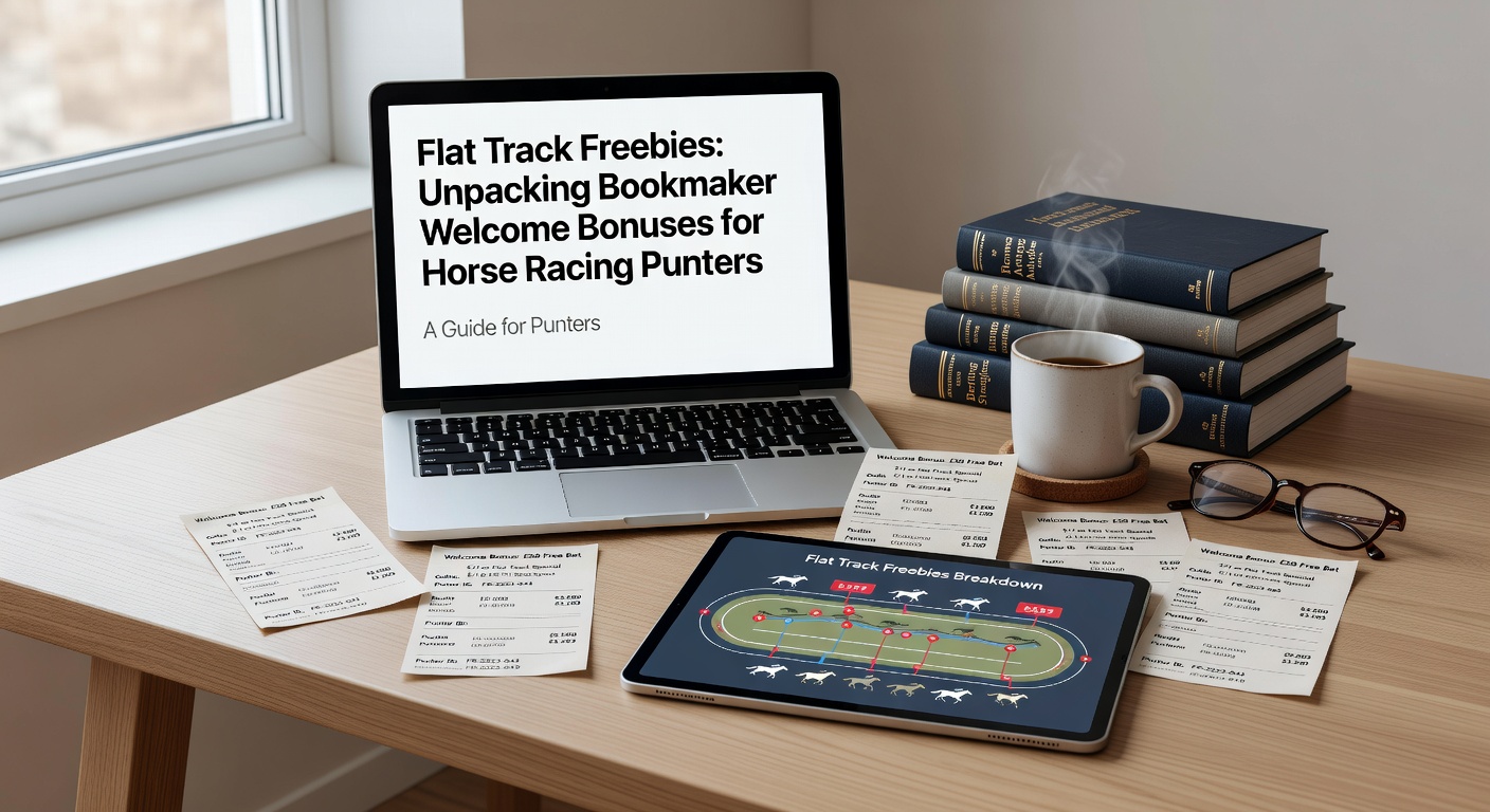 Close-up of a bookmaker app screen showing a welcome bonus claim on a flat racing each-way bet, overlaid with trackside action and odds fluctuating live