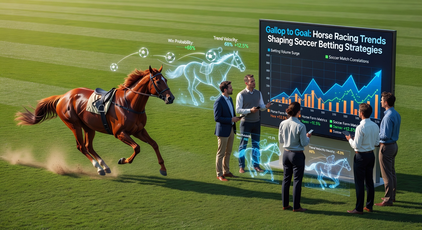 A dynamic split-image showing a horse racing ahead on a track and a soccer player sprinting toward goal, symbolizing crossover betting strategies