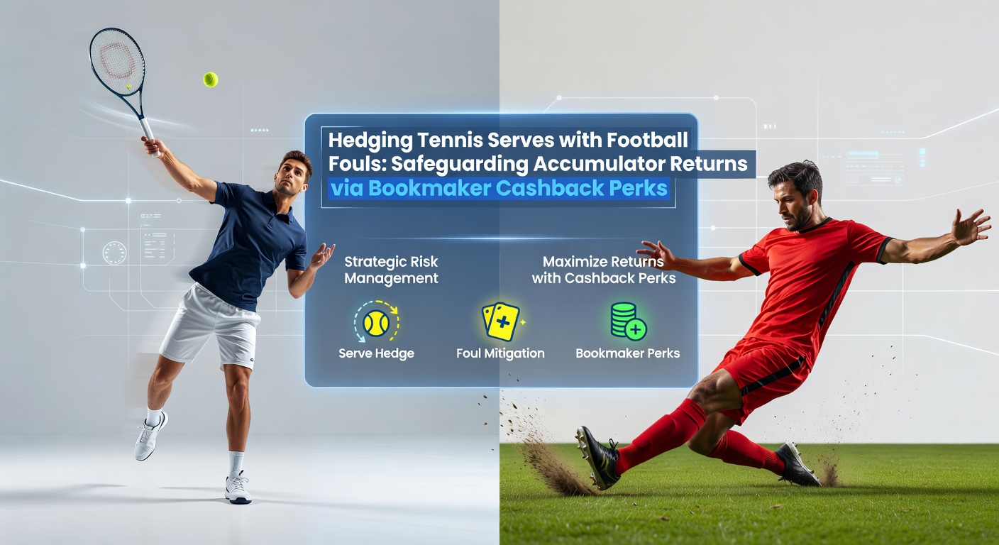 Dynamic graphic showing tennis player serving alongside a football foul, overlaid with accumulator bet icons and cashback symbols