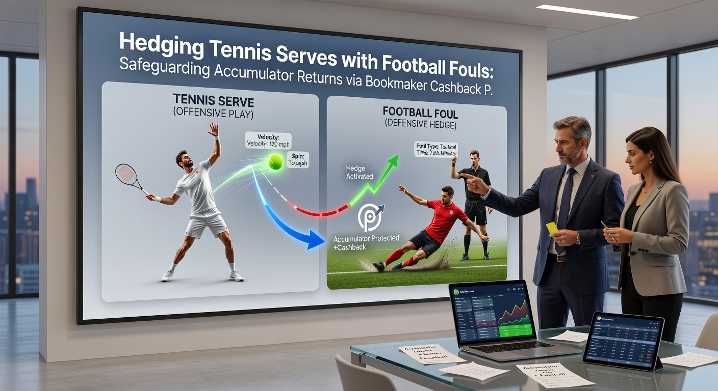 Chart illustrating accumulator hedging flows with tennis serves, football fouls, and cashback return paths