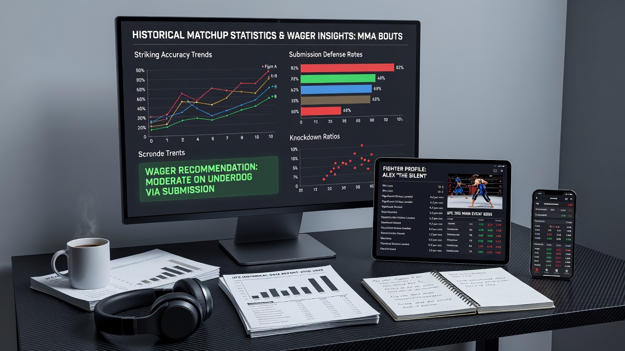 Spreadsheets and fight footage displayed on dual monitors during MMA statistical review
