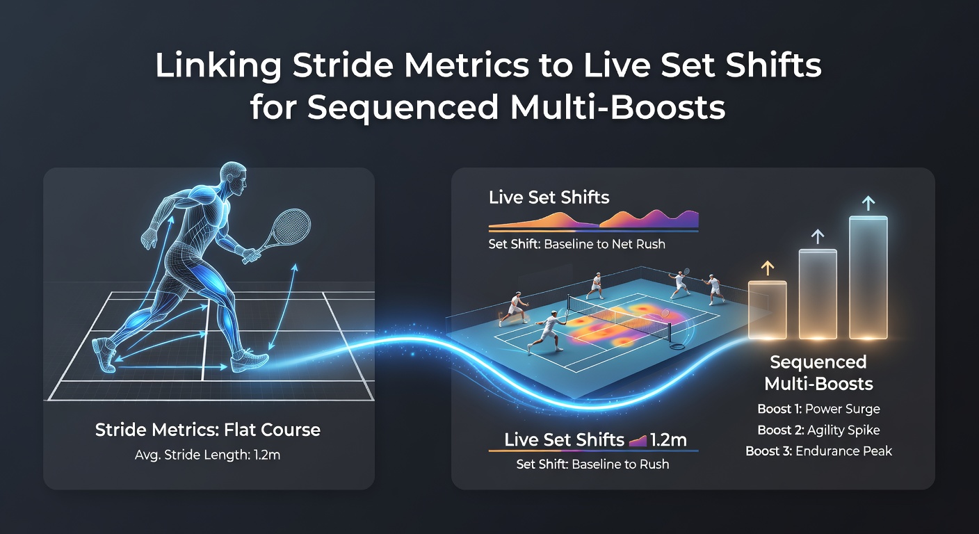 Athletes and analysts reviewing stride and movement data overlays from flat racing surfaces alongside tennis court footage
