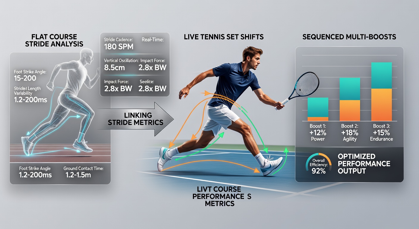 Data visualization screens showing synchronized stride graphs from flat track sensors and real-time tennis player movement during a live set