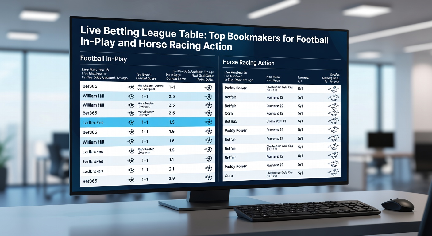 Close-up of horse racing live odds board with overlaid football in-play stats