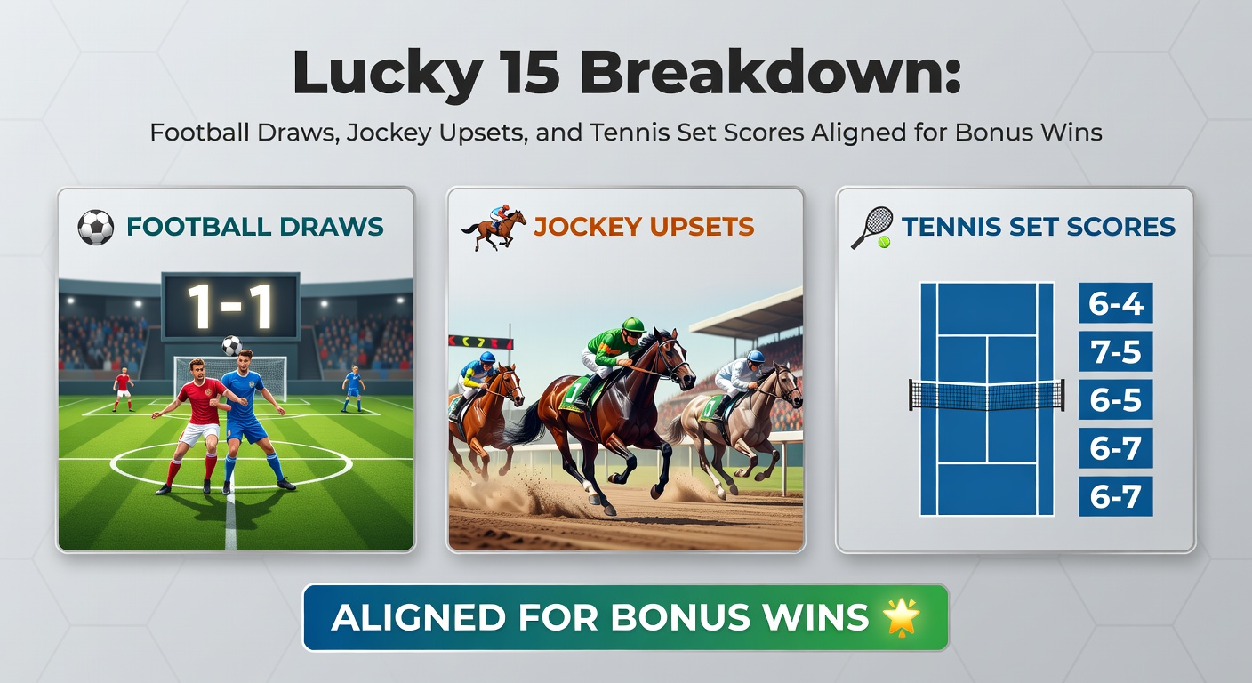 A dynamic split-image showing a football pitch deadlock, a horse race with an unexpected jockey lead change, and a tense tennis tiebreak, symbolizing Lucky 15 bet alignments