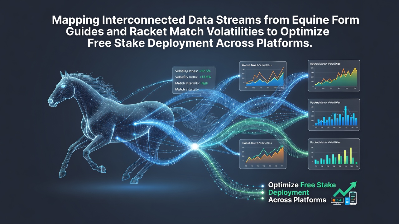 Data visualization showing interconnected streams from horse racing form guides and tennis match metrics flowing into stake deployment models