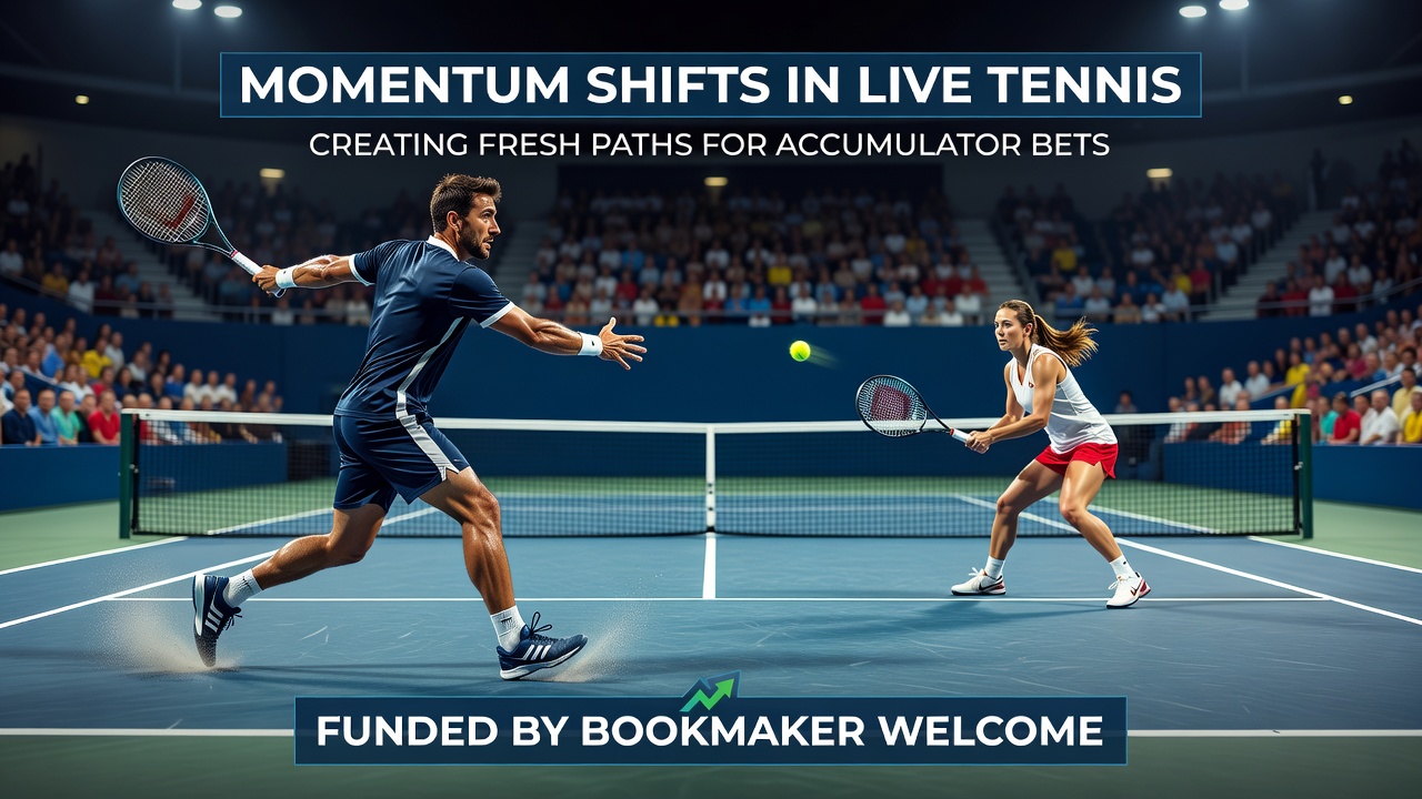 Split screen showing tennis court action alongside accumulator bet slip with bonus balance highlighted