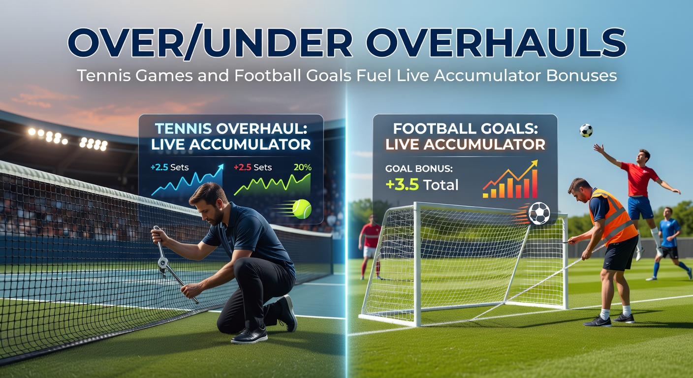 Dynamic tennis rally with overlaid over/under betting lines highlighting total games and set scores, capturing live betting intensity