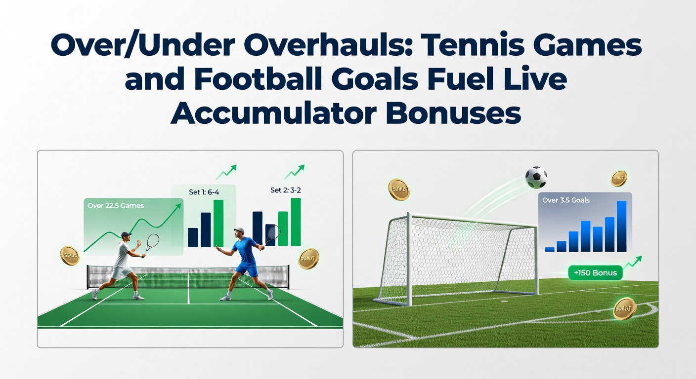 Football stadium packed with fans during a goal-heavy match, showing live over/under goal lines updating on a betting interface
