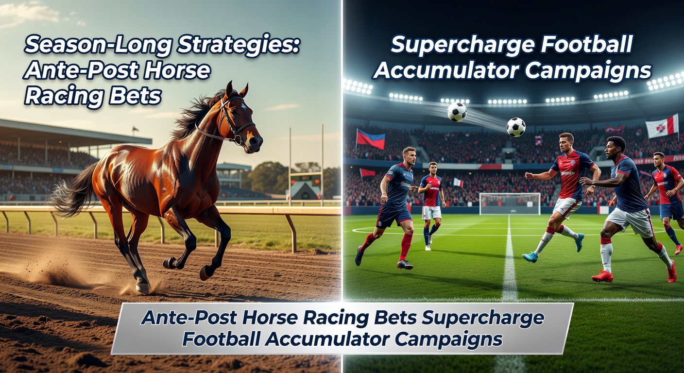 Jockey guiding horse over jumps in a tense ante-post race preview, with football pitch blurred in background symbolizing blended strategies