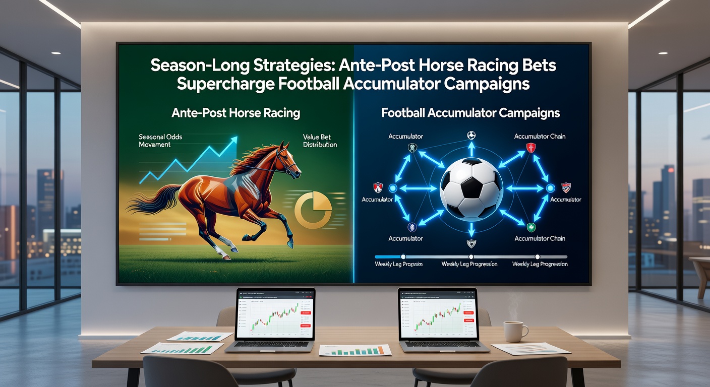 Football players celebrating a goal while overlaid with horse racing odds board, illustrating accumulator supercharge dynamics