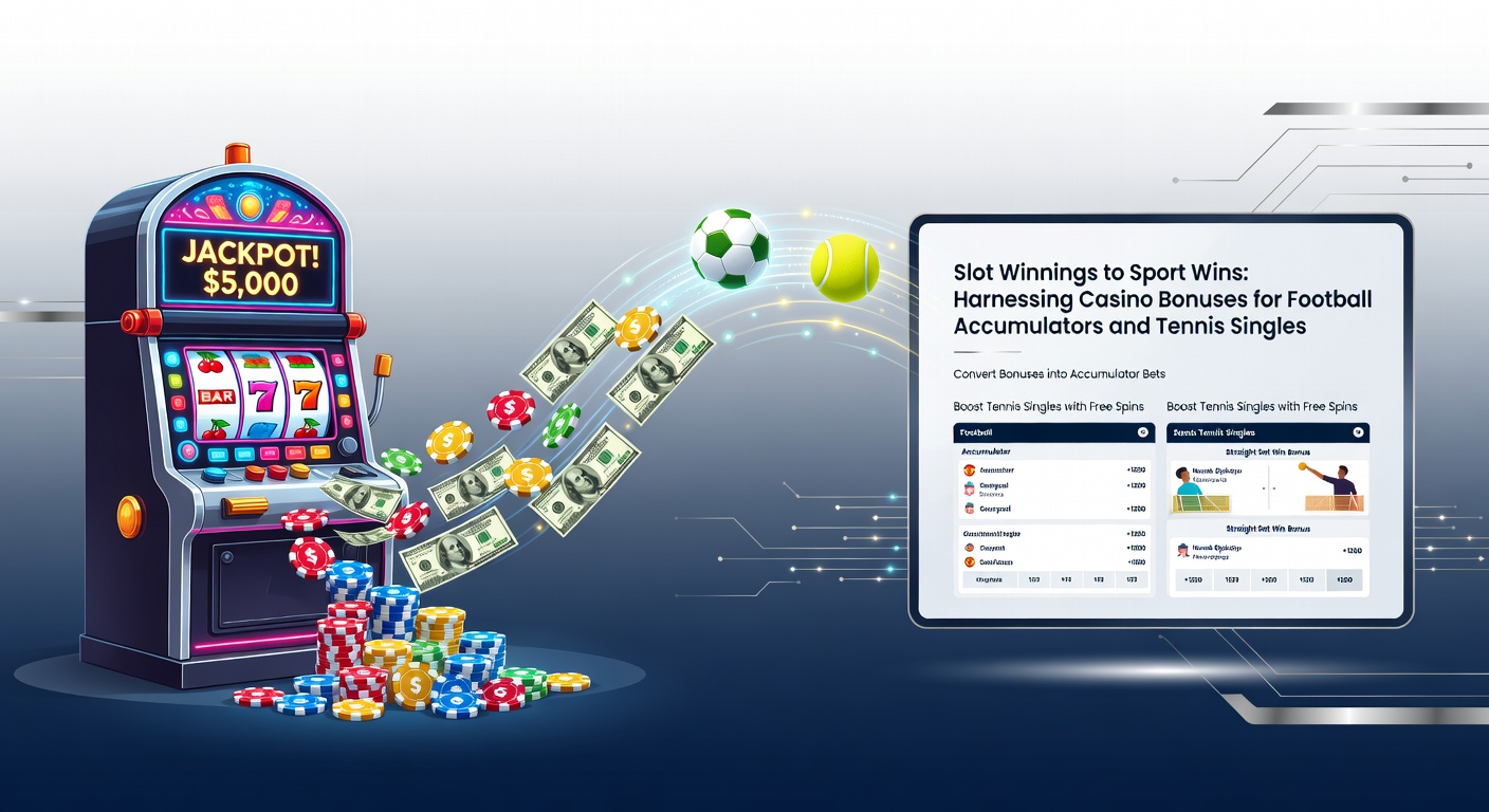 Vibrant casino slot machine display transitioning to a football pitch with accumulator odds overlay