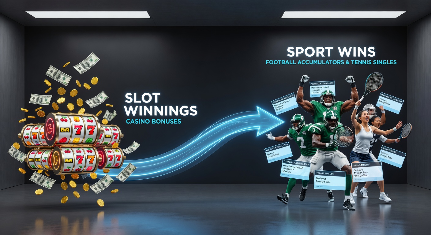 Dynamic graphic showing slot winnings funneling into a football accumulator bet slip with tennis singles odds beside it
