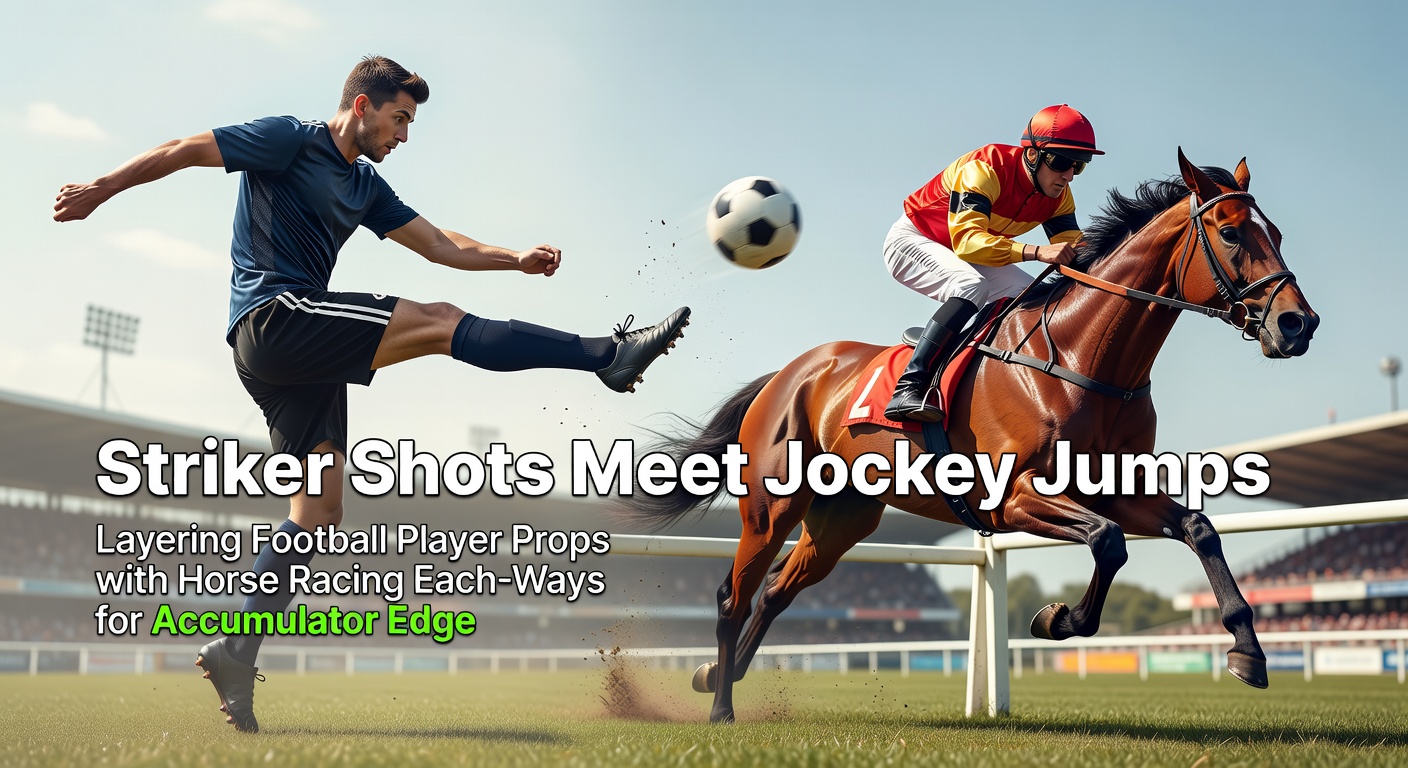 Football player taking a shot on goal while a jockey urges horse forward in a race, symbolizing blended betting strategies