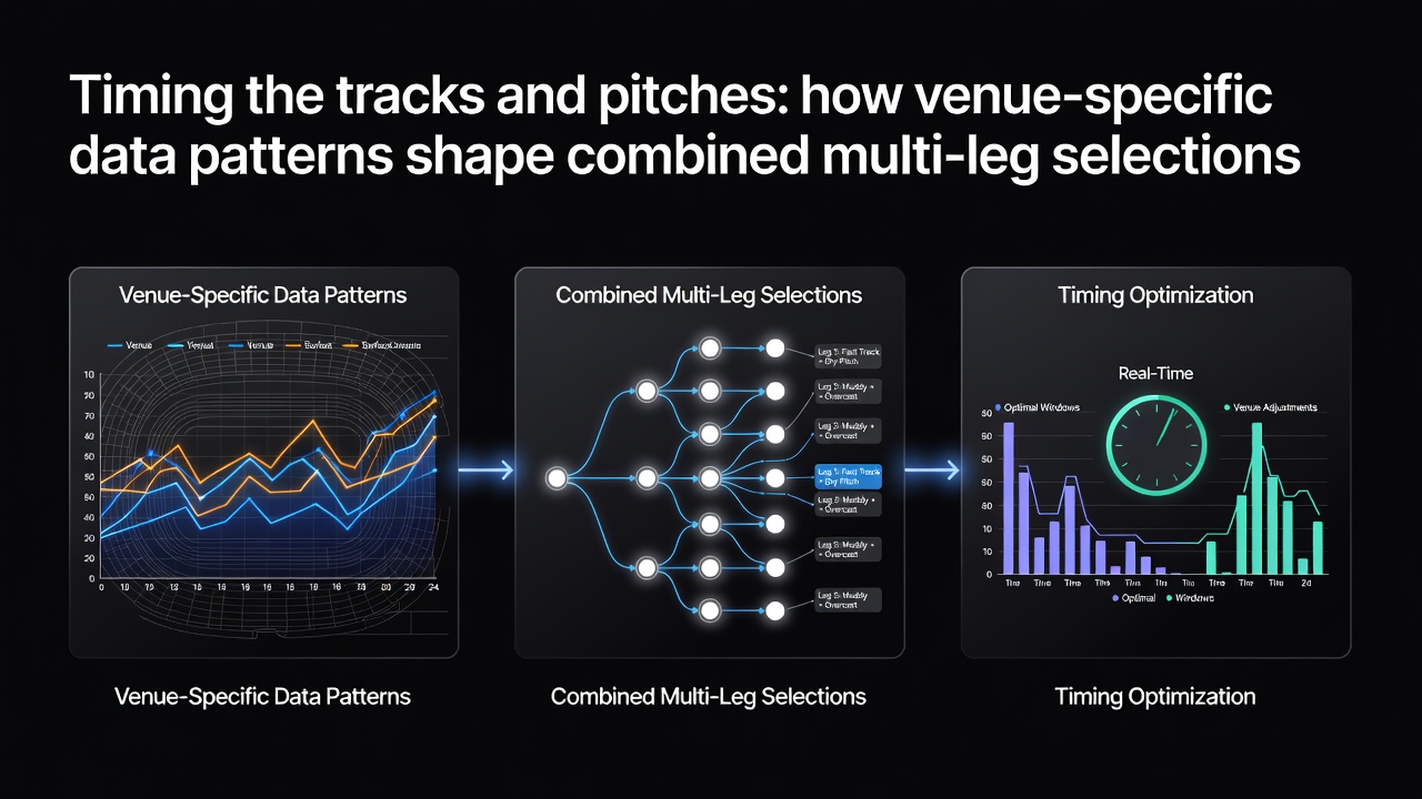 Combined data dashboard displaying football pitch metrics alongside racing circuit statistics for accumulator planning