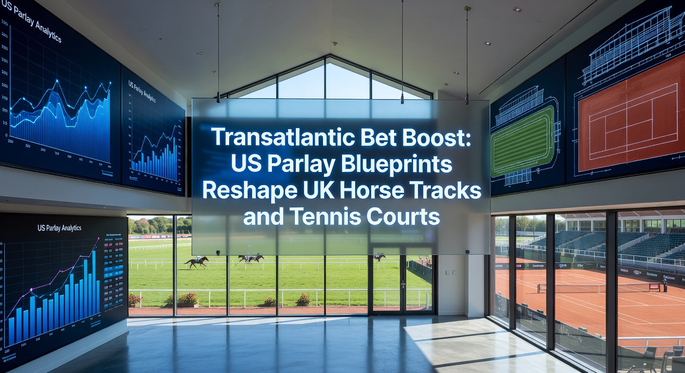 Vibrant scene of a US bettor analyzing parlay slips alongside UK horse racing action and tennis rallies, symbolizing cross-Atlantic betting influences