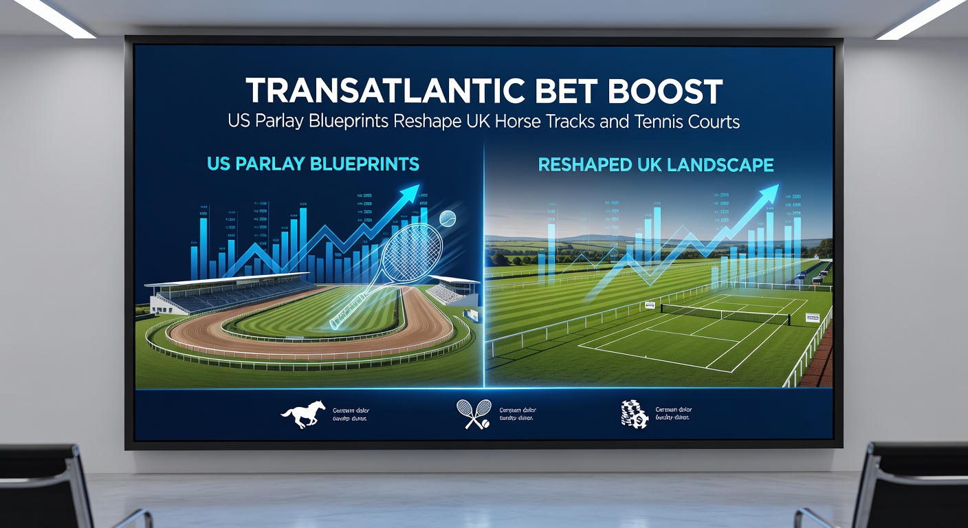 Dynamic split image showing US parlay app interfaces overlaid on Ascot racecourse and Wimbledon tennis courts, illustrating strategic crossovers