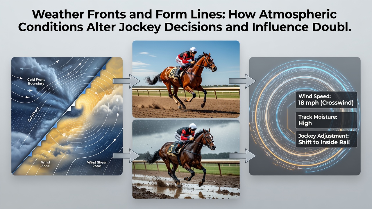 Racecourse aerial view showing track conditions modified by weather fronts with jockeys adapting their riding lines during a flat race meeting