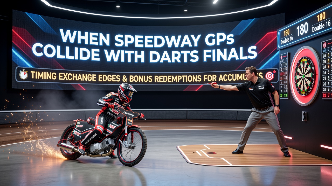 Darts final scoreboard next to speedway track timing data